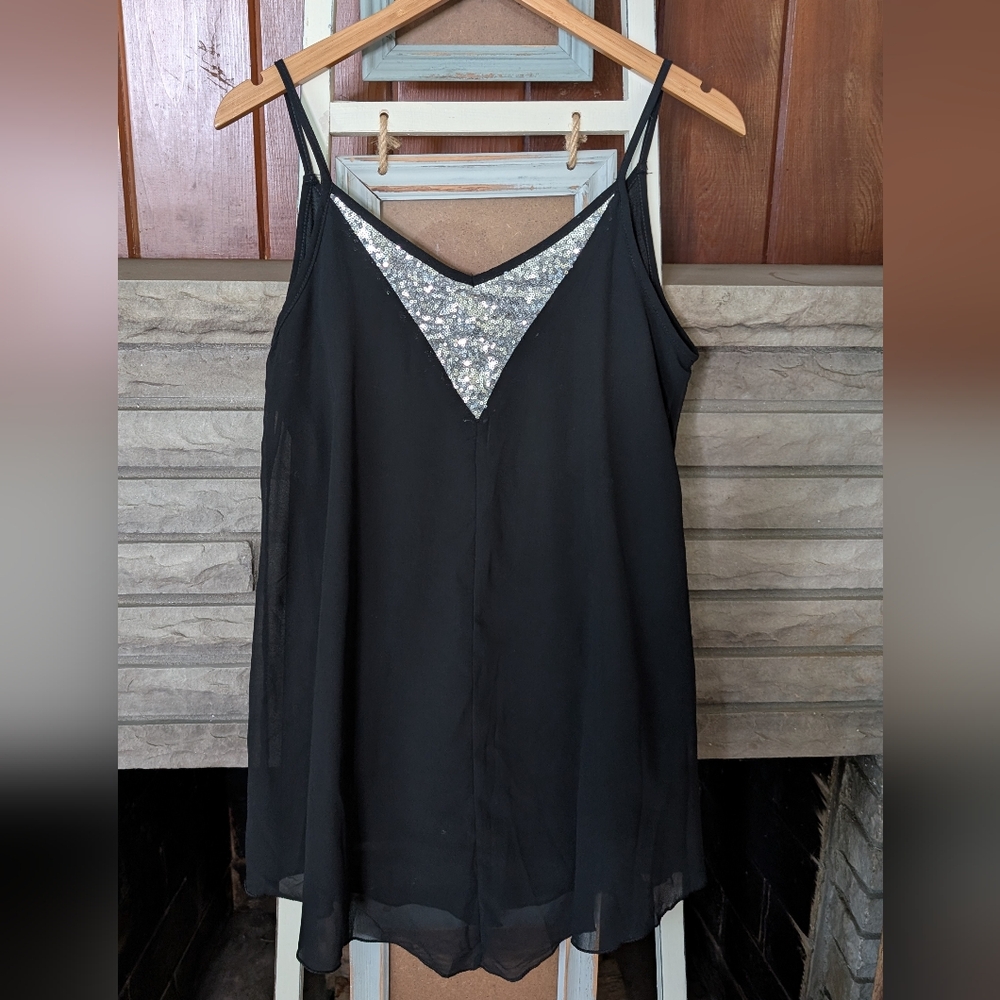 Black Sequin-Trim Spaghetti Strap Women's Top Size Medium - Picture 1 of 5